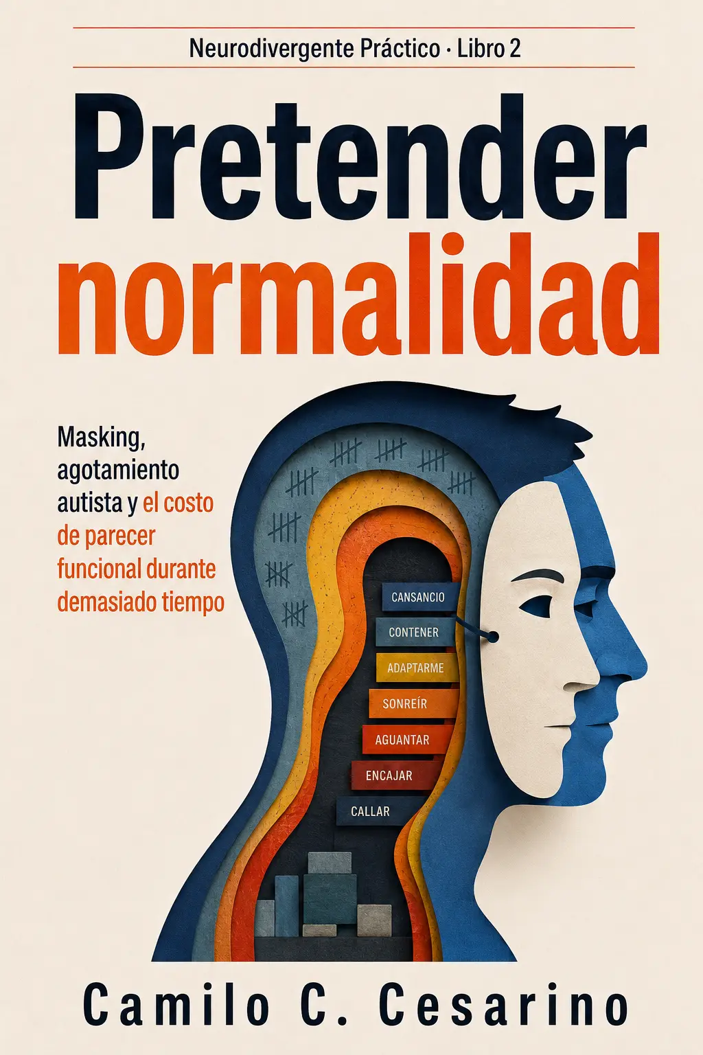 Portada de Pretender normalidad, libro 2 de Neurodivergente Práctico, de Camilo C. Cesarino.