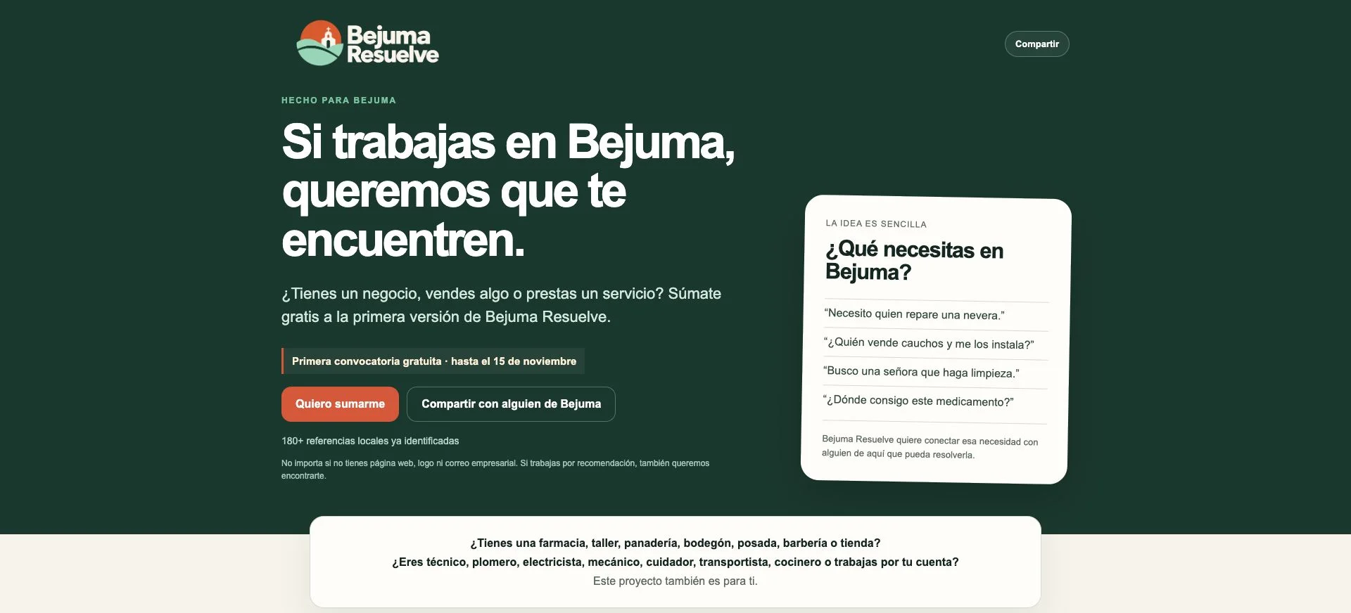Captura de la convocatoria pública de Bejuma Resuelve para negocios y servicios locales.